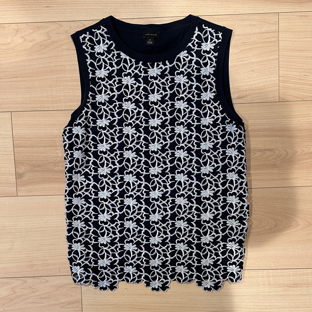 Ann Taylor Navy and White Floral Lace Blouse